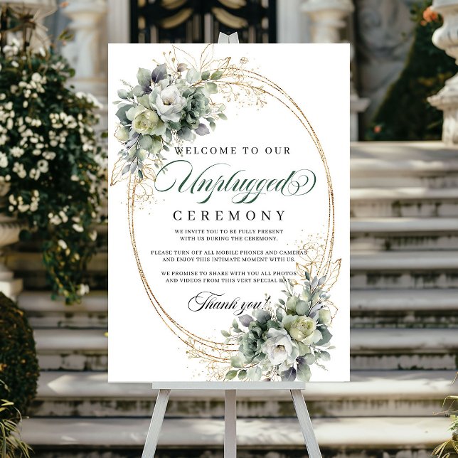 Poster Sinal de Casamento Desconectado Eucalipto Boêmio D (Bohemian Eucalyptus Unplugged Wedding Sign Gold)