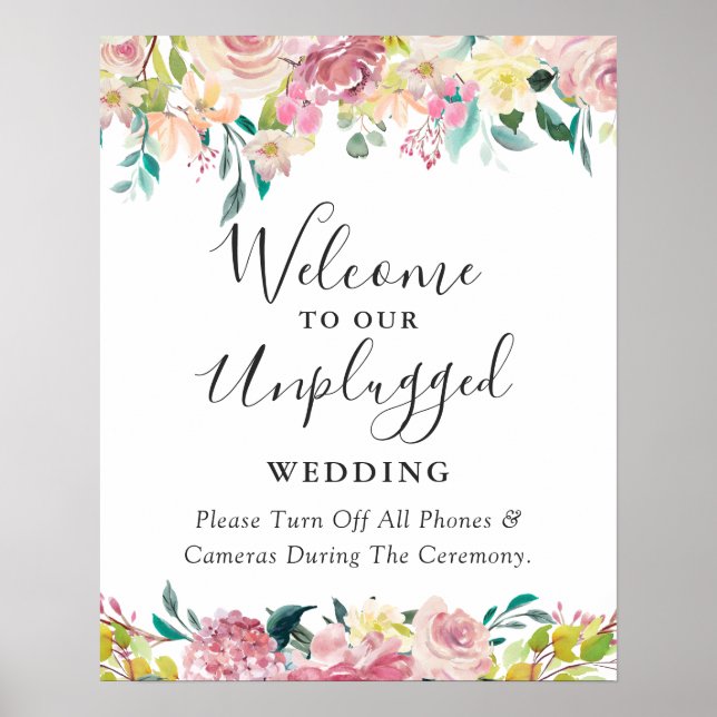 Poster Sinal de Casamento Desconectado Floral Pastel (Frente)