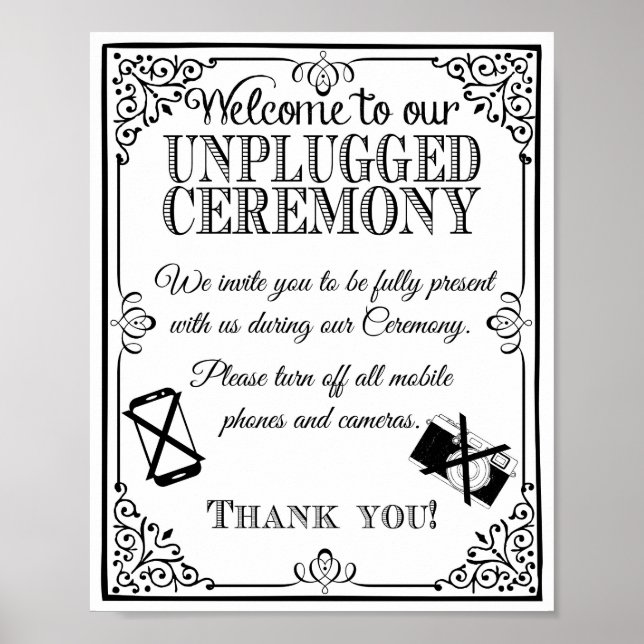 Poster Sinal de casamento desplugado vintage preto branco (Frente)