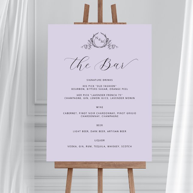 Poster Sinal de Casamento do Bar Monograma da Lavanda Ele (Available in many sizes. From big statements, to table top signs! Example sign in 24" x 36")