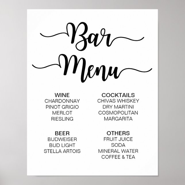 Póster Sinal de Casamento do Menu do bar | Caligrafia mod (Frente)