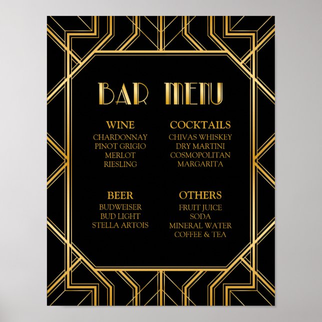 Póster Sinal de Casamento do Menu do bar | Gatsby Art Dec (Frente)