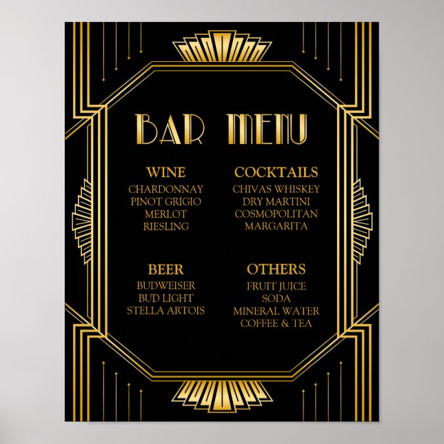 Poster Sinal de Casamento do Menu do bar | Gatsby Art Dec (Frente)