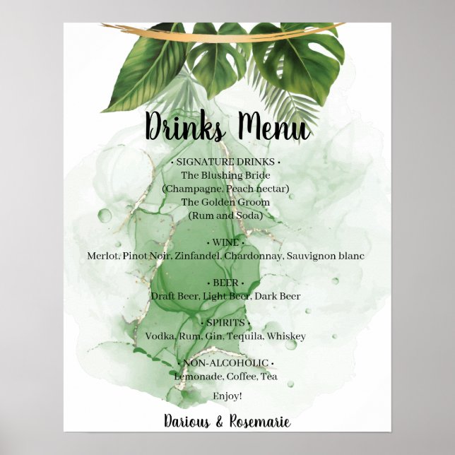 Poster Sinal de Casamento do Menu Tropical Palm Drinks (Frente)