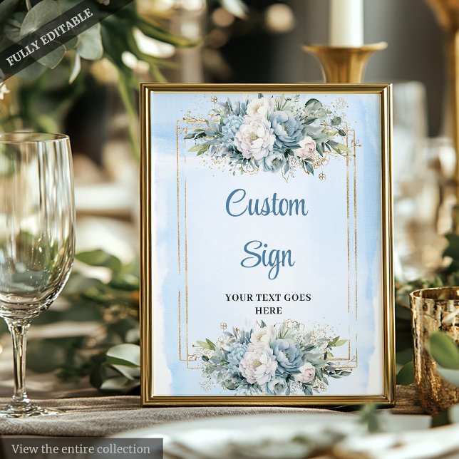 Poster Sinal de Casamento Dourado Botânico Azul Minimalis (Minimalist Blue Botanical Gold Wedding Sign DIY

)