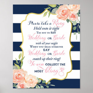 Poster Sinal de Casamento em Folha Dourada Azul-Marinho |