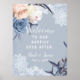 Poster Sinal de Casamento em Renda Floral Cinza Azul Empo