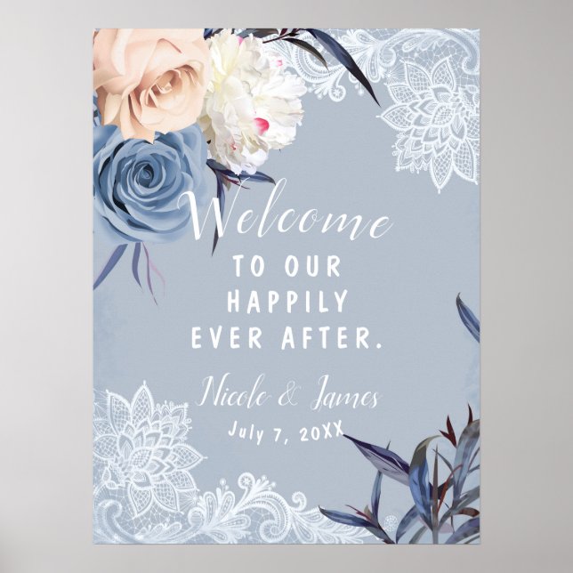 Poster Sinal de Casamento em Renda Floral Cinza Azul Empo (Frente)