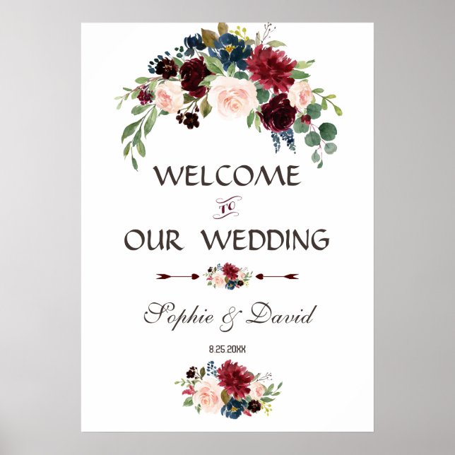 Poster Sinal de Casamento Floral Azul do Marinho Merlot (Frente)