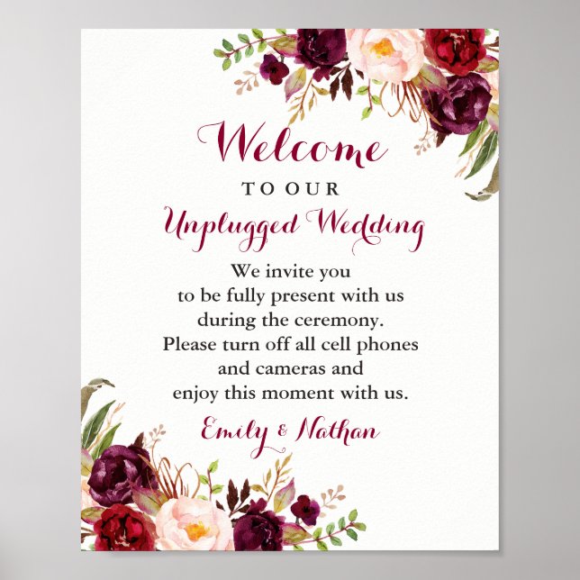 Poster Sinal de Casamento Floral Borgonha Sem Aparelhos (Frente)