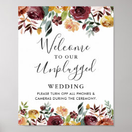 Poster Sinal de Casamento Floral Borgonha Sem Celulares