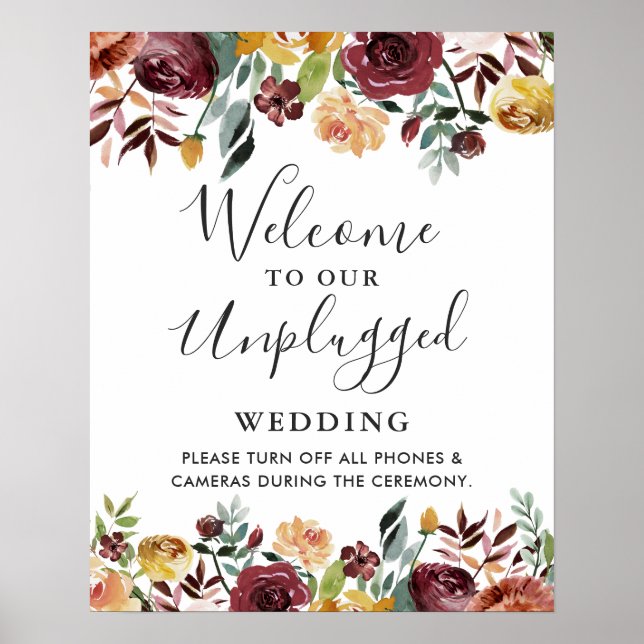 Poster Sinal de Casamento Floral Borgonha Sem Celulares (Frente)