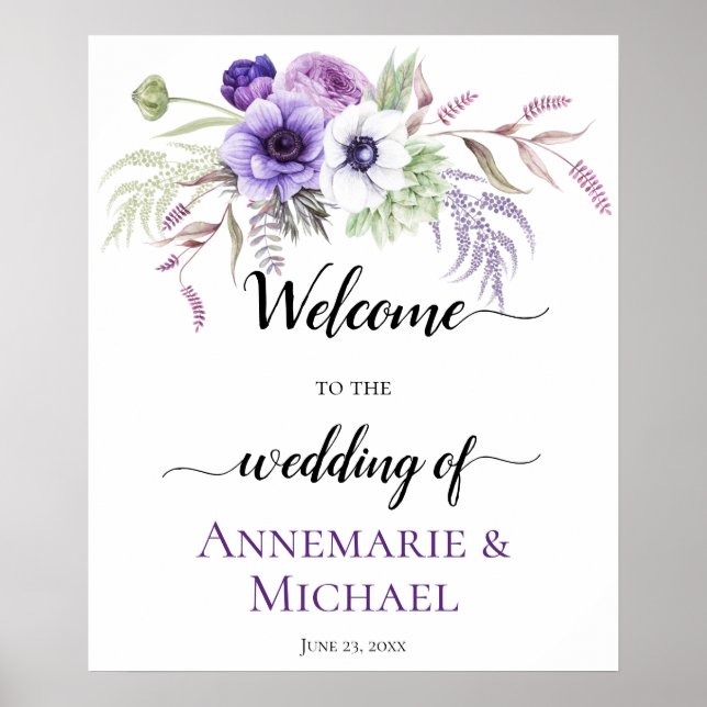 Poster Sinal de Casamento Floral Branco Lavanda Roxo (Frente)