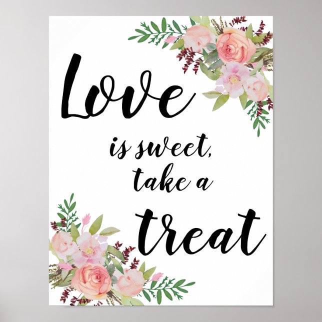 Poster Sinal de casamento floral com flores de aquarela (Frente)