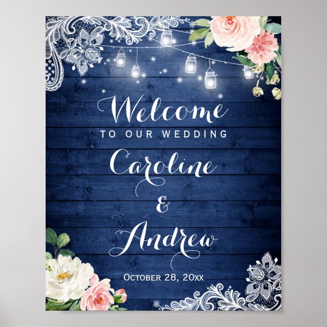 Poster Sinal de Casamento Floral das Luzes Azuis Rústicas (Frente)