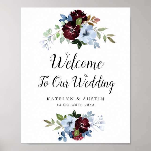 Poster Sinal de casamento floral de Burgundy azul Dusty (Frente)