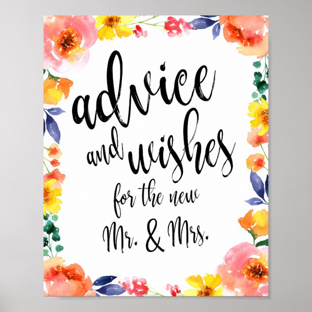 Poster Sinal de Casamento Floral de Conselhos e Desejos 8 (Frente)