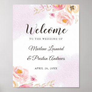 Póster Sinal de Casamento Floral de Cor de Água Rosa e Do