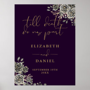 Poster Sinal de Casamento Floral de Rosas Góthicas Roxas 