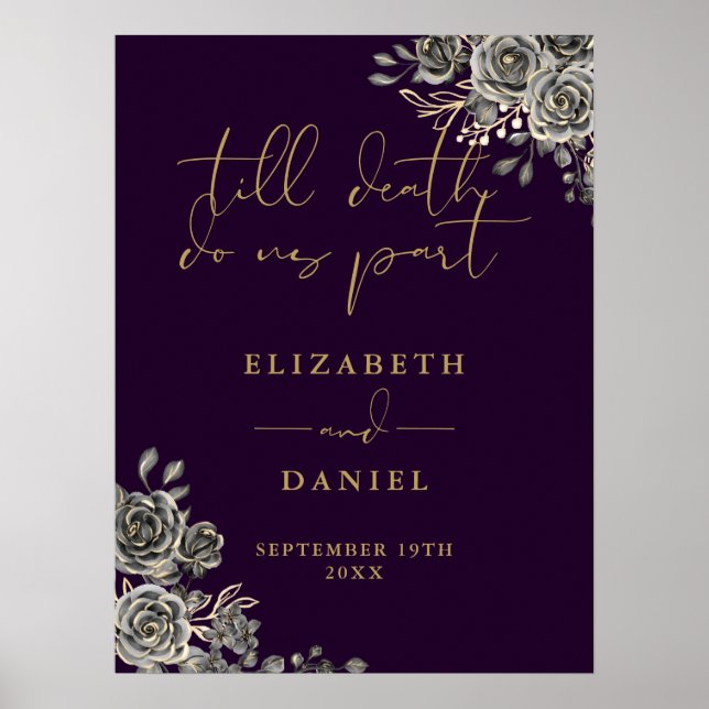 Poster Sinal de Casamento Floral de Rosas Góthicas Roxas  (Frente)