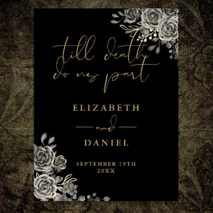 Poster Sinal de casamento floral de rosas góticas preto e