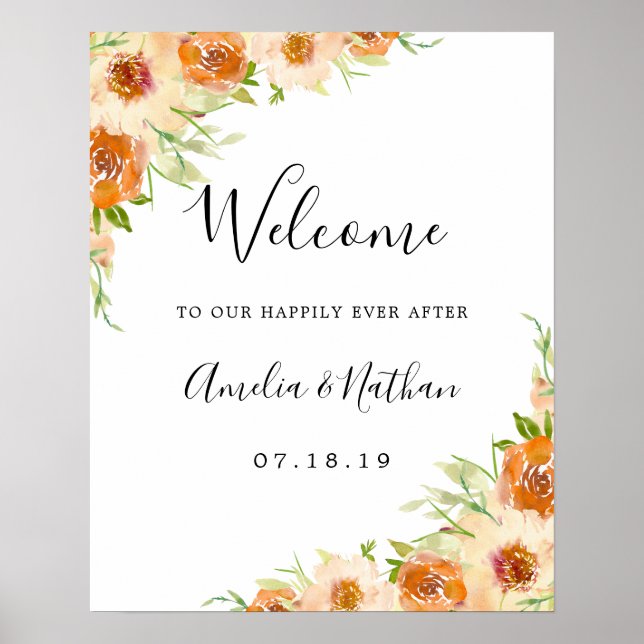 Poster Sinal de Casamento Floral de Summer Watercolor (Frente)
