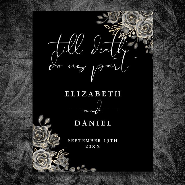 Poster Sinal de Casamento Floral dos Rosas Góticos Pretos (Black And White Goth Roses Floral Wedding Sign)