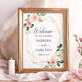 Poster Sinal de Casamento Floral Dourado Geométrico