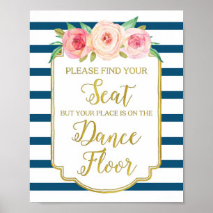 Póster Sinal de Casamento Floral em Aquarela Rosa Dourado