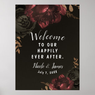 Poster Sinal de casamento floral escuro mal-humorado marr
