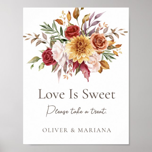 Poster Sinal de casamento Floral Marrom Branco Outono O A (Frente)