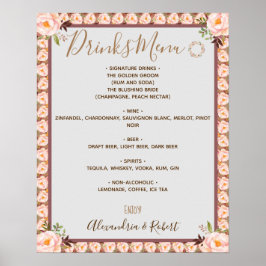 Poster Sinal de Casamento Floral Rosa Menu de Bebidas