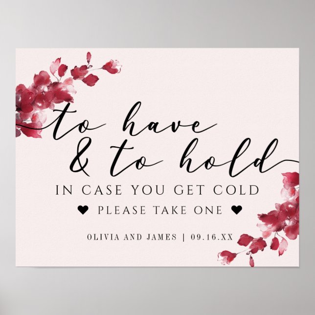 Poster Sinal de casamento Floral Rosa para Ter e Manter (Frente)