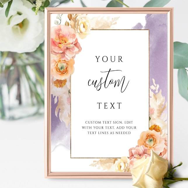 Poster Sinal de Casamento Floral Roxo Pêssego com Texto P (Criador carregado)