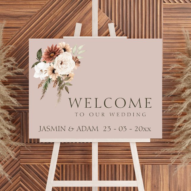 Poster Sinal de Casamento Floral Rustic Dusty Pink e Gree (Rustic Dusty Pink and Green Floral Wedding Welcome Sign)