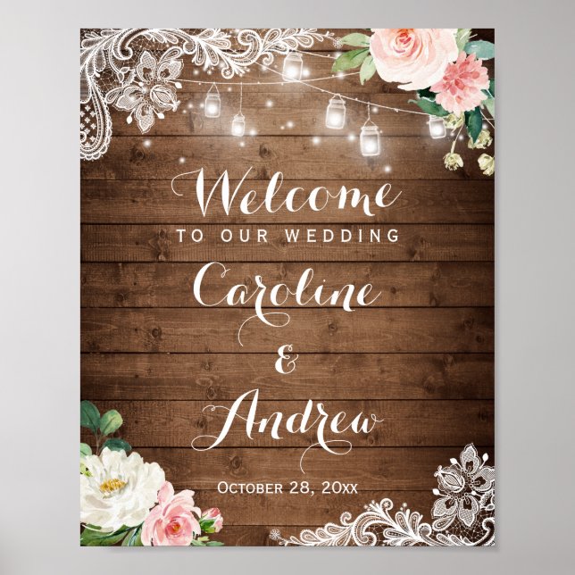 Poster Sinal de Casamento Floral Rustic Mason Jar Lights  (Frente)
