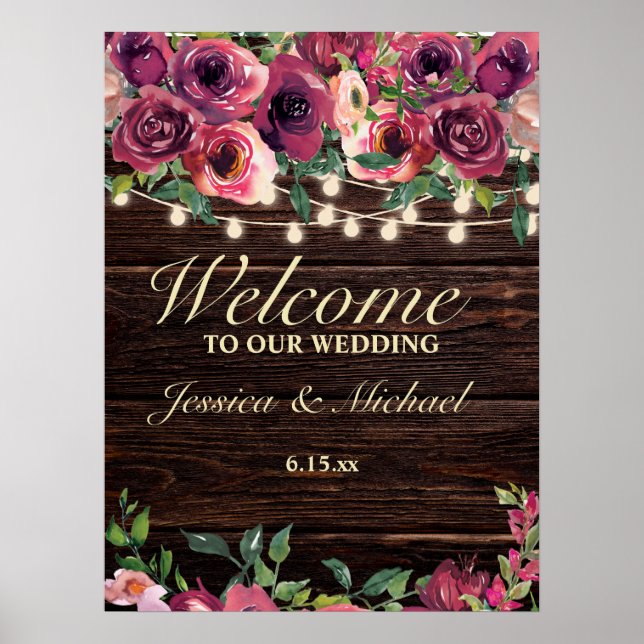 Poster Sinal de Casamento Floral Rustic String Lights Bur (Frente)
