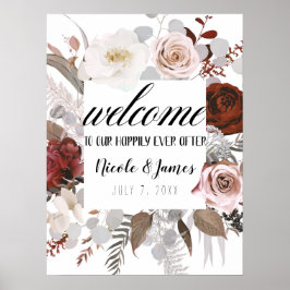 Poster Sinal de Casamento Flores Rústicas Bege Cinza Verm