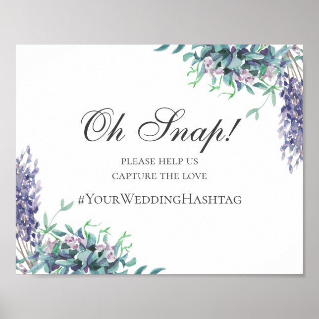 Poster Sinal de casamento. Hashtag floral púrpura (Frente)