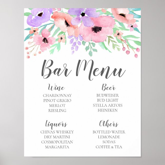 Poster Sinal de Casamento – Menu do Bar Sinal Floral Aqua (Frente)