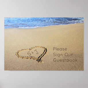 Poster Sinal de Casamento na Praia Livro de Visitas Coraç