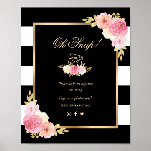 Poster Sinal de Casamento Negra Dourado, Floral Oh Snap (Frente)