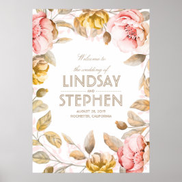 Póster Sinal de Casamento por Aquarela e Flores Douradas