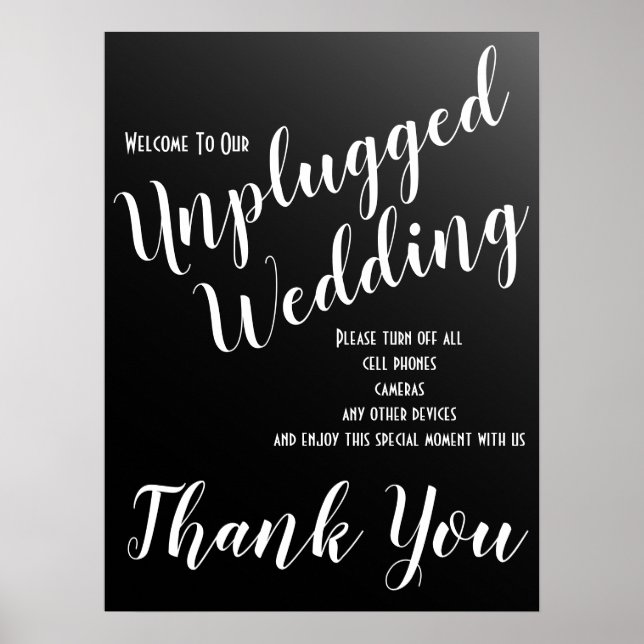 Poster Sinal de Casamento Preto Unplugado Elegante (Frente)