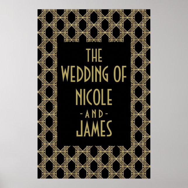 Poster Sinal de Casamento Retro Diamante Art Déco Dourado (Frente)