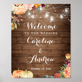 Poster Sinal de Casamento Rustic Autumn Floral Mason Jar