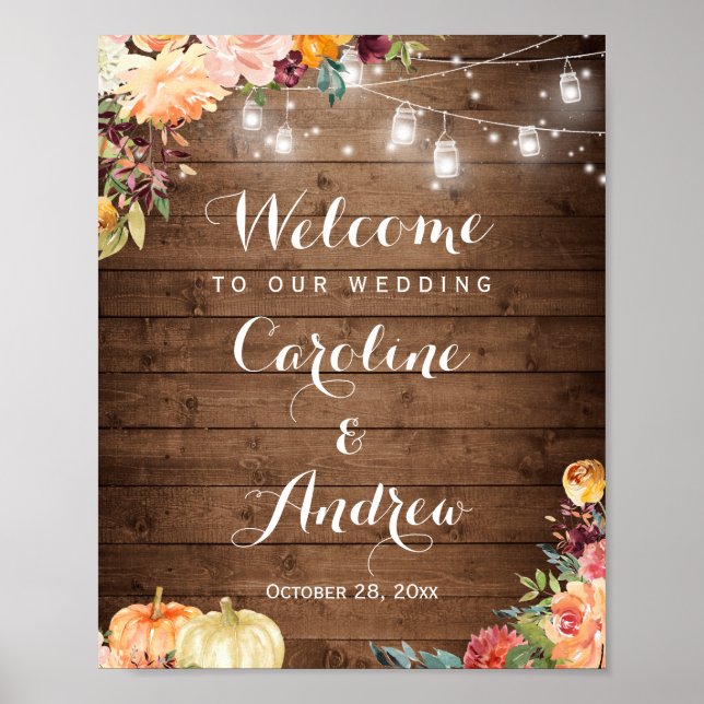 Poster Sinal de Casamento Rustic Autumn Floral Mason Jar  (Frente)