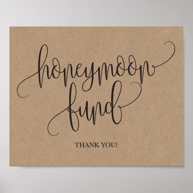 Póster Sinal de Casamento Rustic Kraft Honeymoon Fund (Frente)