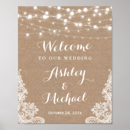 Póster Sinal de Casamento Rustic String Lights Lace Burla