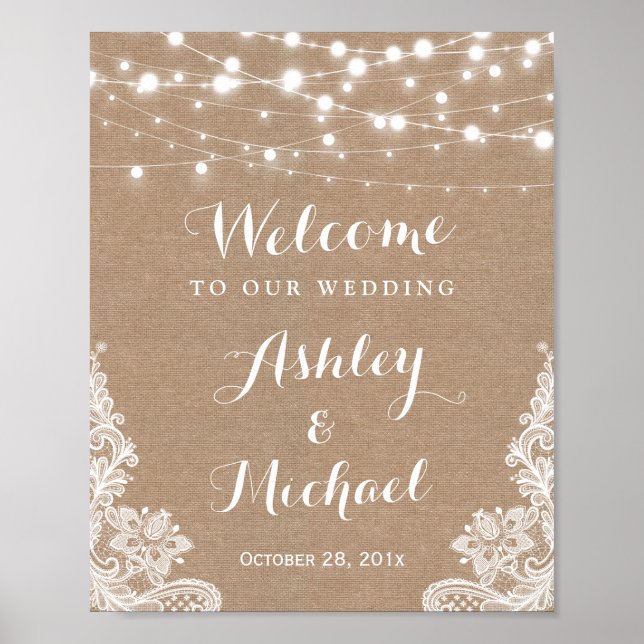 Póster Sinal de Casamento Rustic String Lights Lace Burla (Frente)